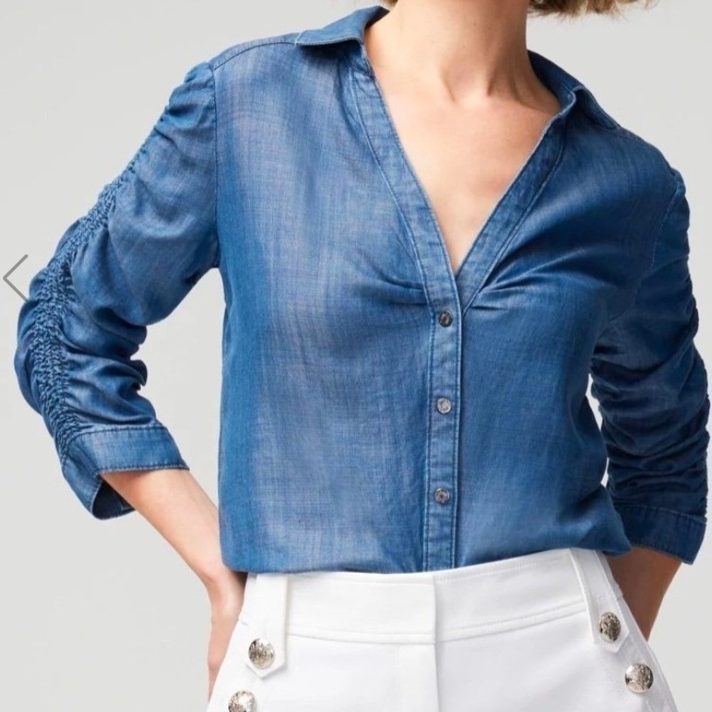 White House Black Market WHBM Blue Smocked Sleeve Denim Look Shirt Size 2 NEW - Picture 6 of 6